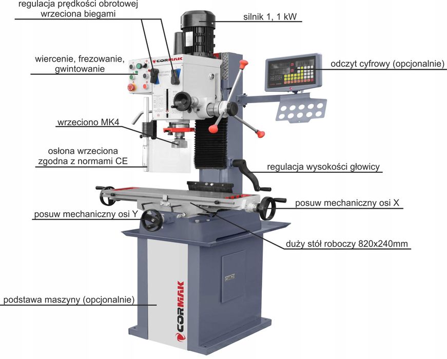 Wiertarko frezarka gwintowanie do metalu CORMAK ZX7045 z podstawą
