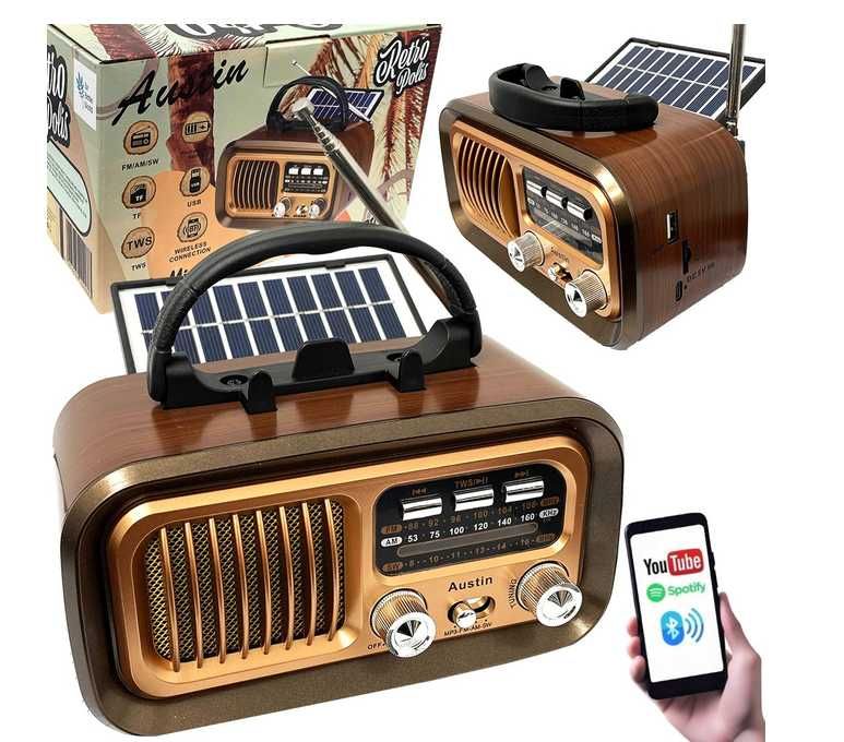 Radio Retro Vintage USB microSD Bluetooth Ładowanie solarne