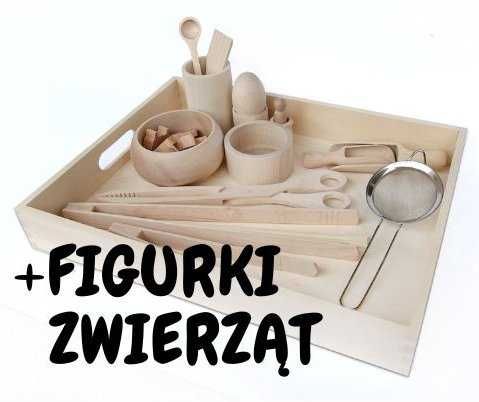 Zestaw do przesypywania  + DUŻE FIGURKI drewniany, pomoc Montessori