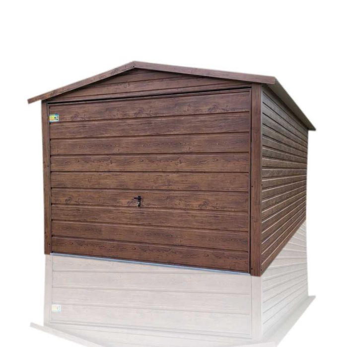 Garaż blaszany drewnopodobny 3x5 PREMIUM – dwuspadowy , brama uchylna