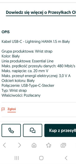 Kabel USB-C   iPohone iPad iPod firmy Hama lightning 1.5 m Bialy