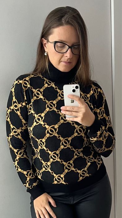 Sweter Twinset M czarny ze złotym wzorem łańcuchów premium golf