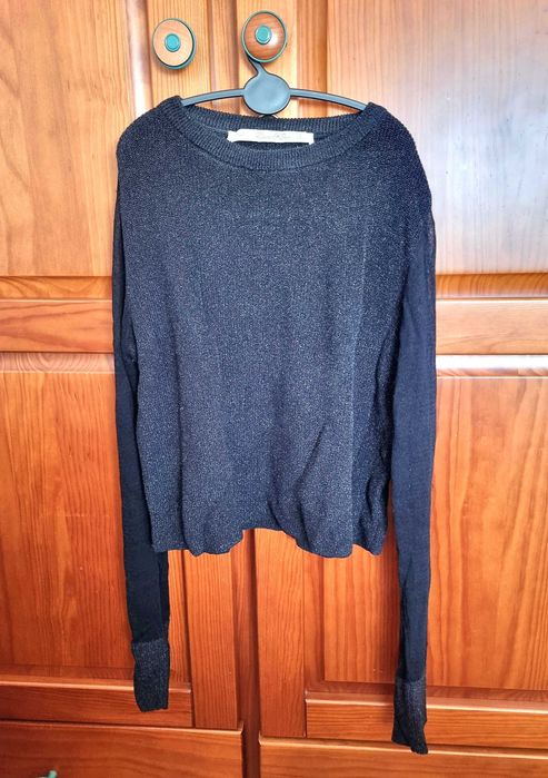 Camisola preta curta com brilhantes e transparência Zara Knit, tam S