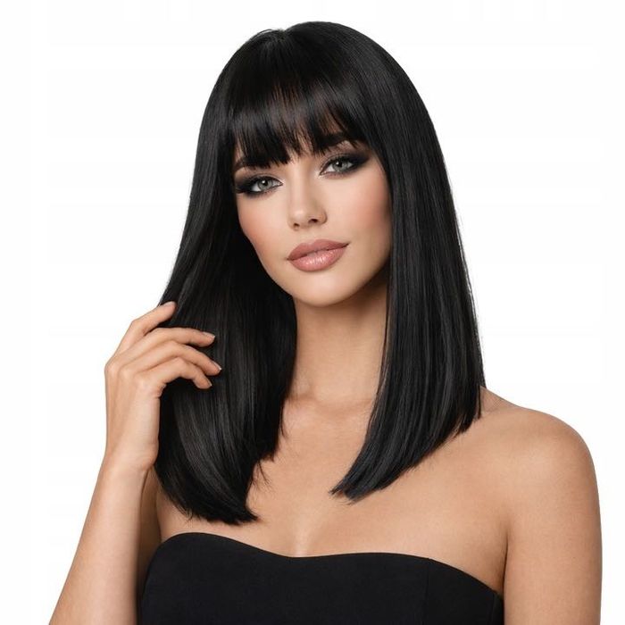 Peruka do ramion prosta czarna grzywka