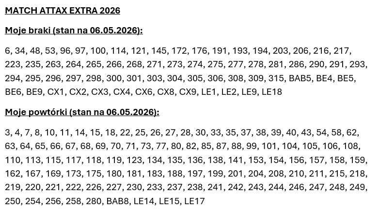 [WYMIANA] Karty piłkarskie Match Attax Extra 2026