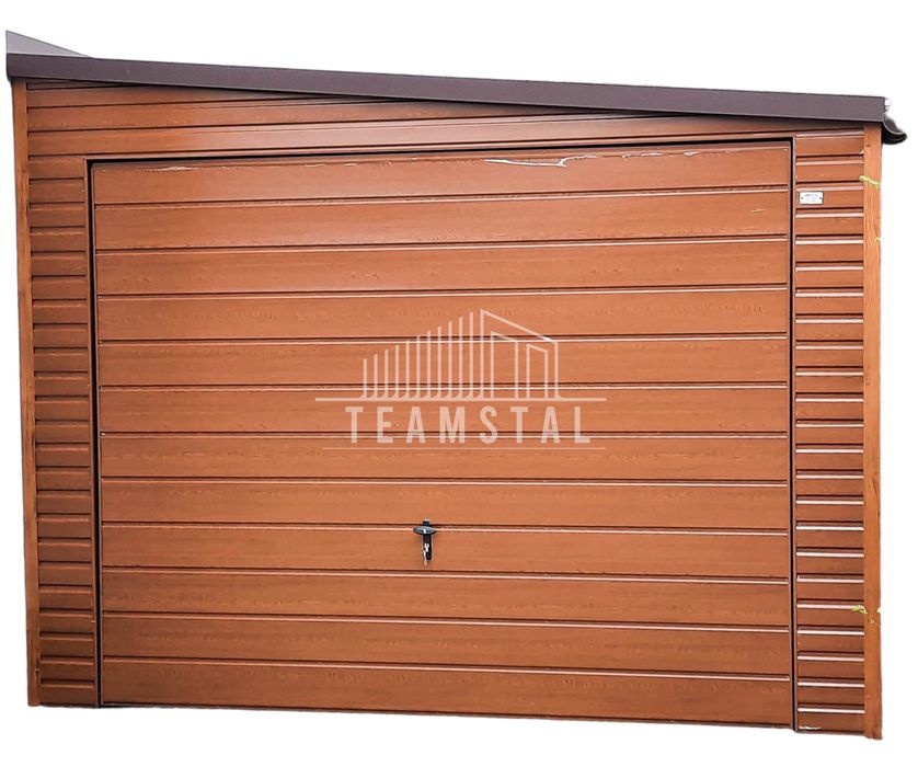 GARAŻ BLASZANY 3,5m x 6m - spad w prawo 2x Brama orzech  TS287