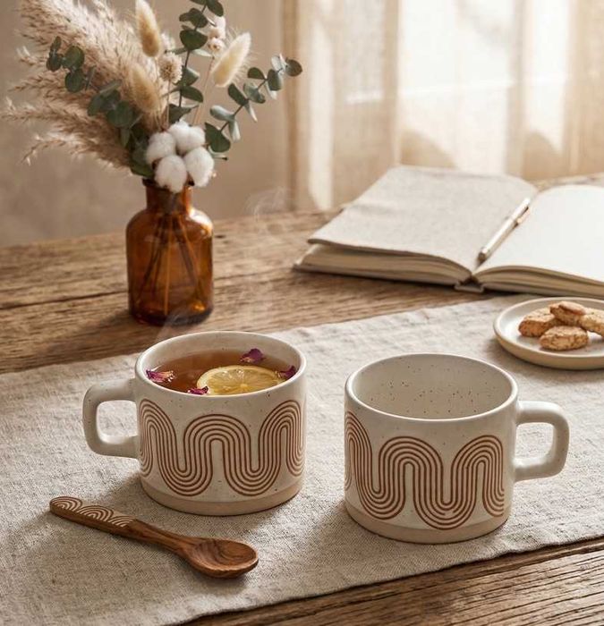 Zestaw 2x Kubek Ceramiczny z Uchem Geometryczny Wzór na Prezent 250ml