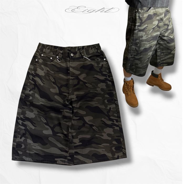 Довгі камо шорти джинсові мілітарі camo cargo military shorts jorts y2k jaded sk8 racer широкі шорти камуфляж real tree