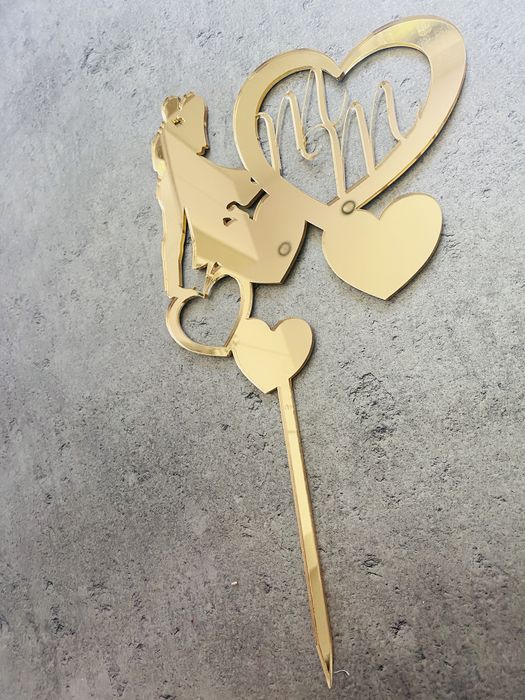 Toper ozdoba na tort slubny serca para mloda zloty lustrzany milosc