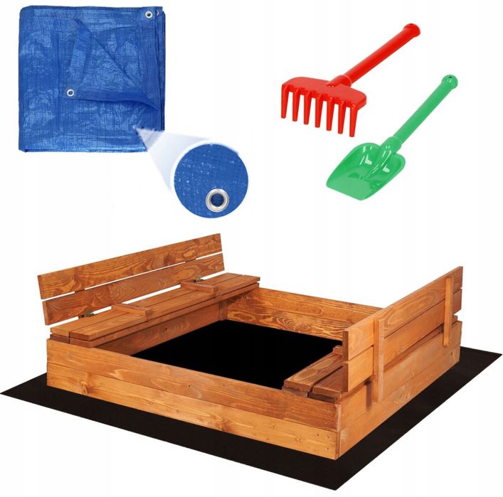 Duża Piaskownica Impregowana 120 cm Drewno Zamykana z Ławkami GRATISY