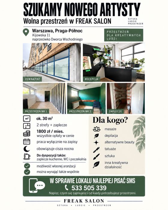 Lokal uslugowy/ Gabinet / pracownia 30 m² – Warszawa Praga – 1800 zł z opłatam