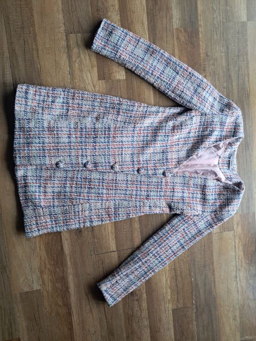 Tweedowy płaszcz w kratkę 36 bawełna S reserved długi żakiet płaszczyk