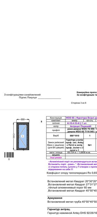Двері металопластикові 880х1910