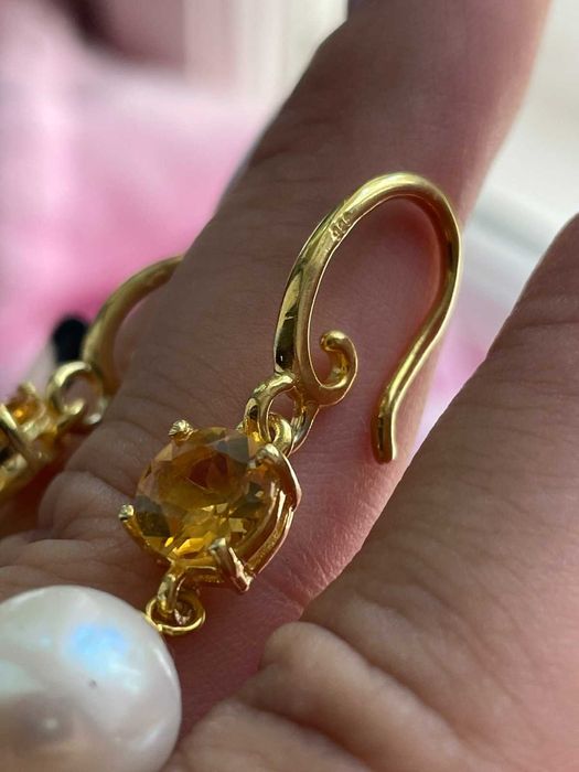 Серьги из белого жемчуга 10мм и цитрина, серебро 925 пробы