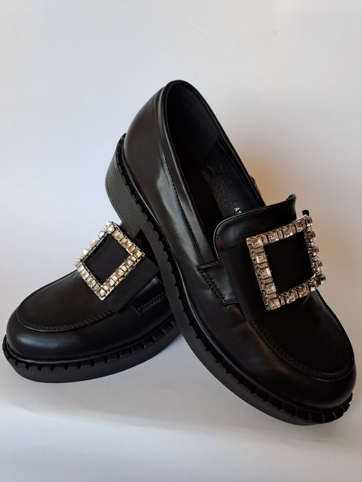 Półbuty, Mokasyny czarne, damskie, klamra, rozmiar 39,41