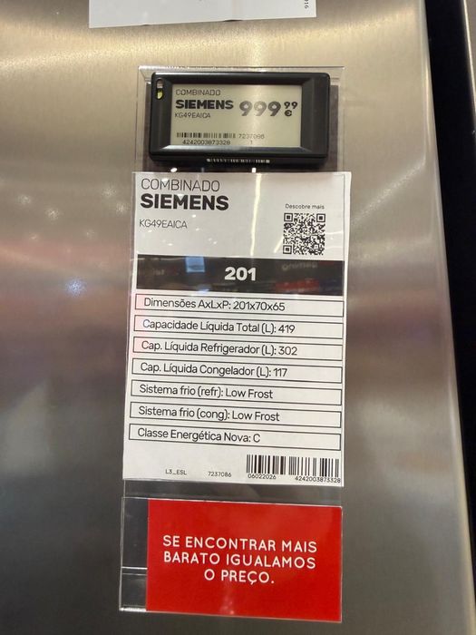 Frigorifico combinado SIEMENS (LOW FROST)- 201cm - 419L- INOX