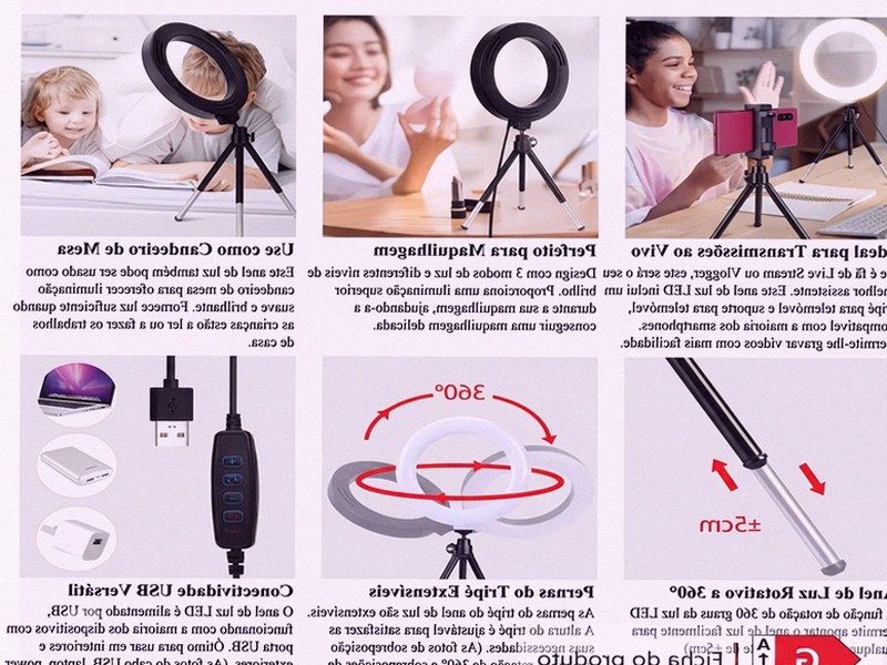 Ring Light Rotativa 360° com Tripé — Streaming, Maquilhagem e Videochamadas