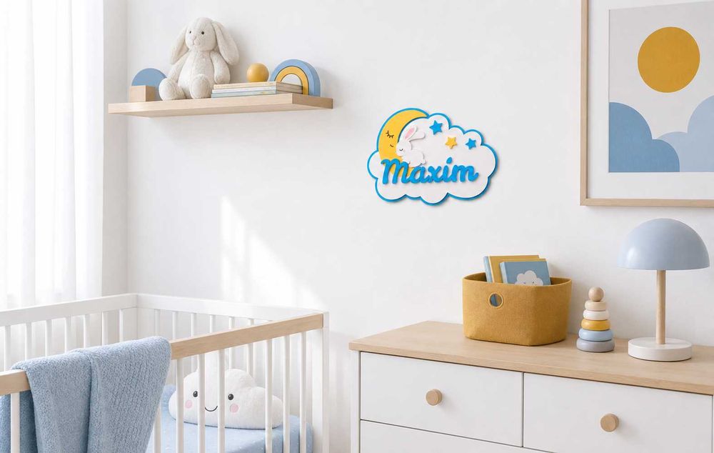 Placa Personalizada com Nome para Quarto de Bebé – Coelho e Lua 3D