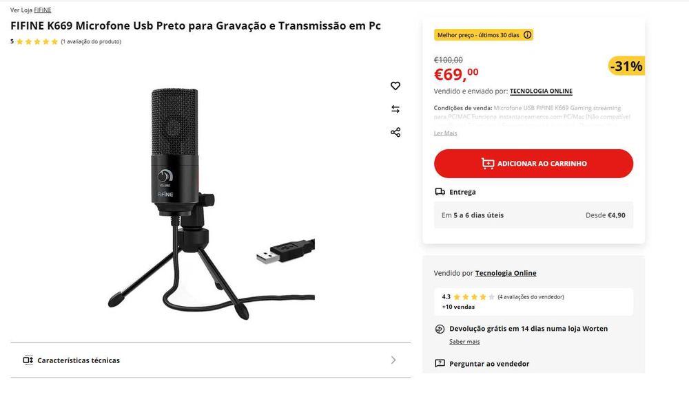 Microfone Condensador FIFINE K669B - Excelente Estado