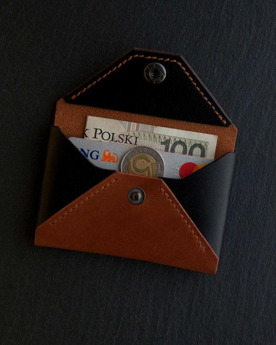 Portfel skórzany czarno-brązowy portmonetka handmade