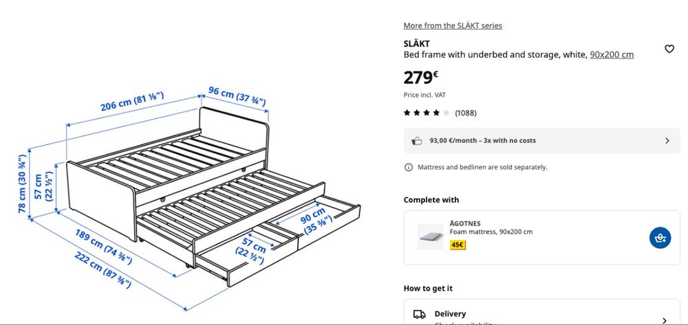 Cama dupla IKEA SLAKT 96x206cm com ou sem colchōes