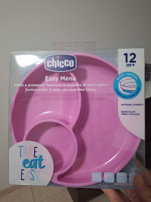 Prato em silicone com divisórias da Chicco (Easy Menu) na cor rosa