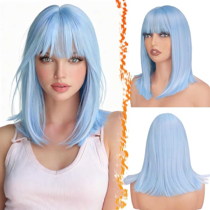 BARSDAR Peruka damska jasnoniebieski bob 35 cm z grzywką