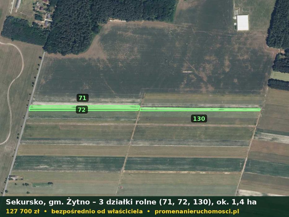 Sekursko gm. Żytno – 3 działki rolne ok. 1,4 ha – 127 700 zł