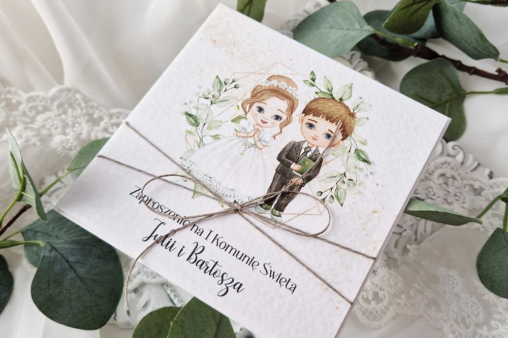 zaproszenia handmade personalizowane na I Komunię św. dla bliźniąt