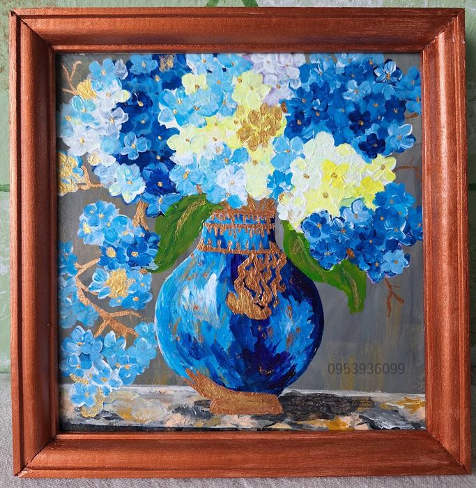 Картини акрилом "Затишок", "Ставочок","Гортензії ","Погляд в майбутнє"