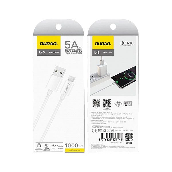 Kabel Dudao L4SM USB-A / micro USB 5A 1m - biały