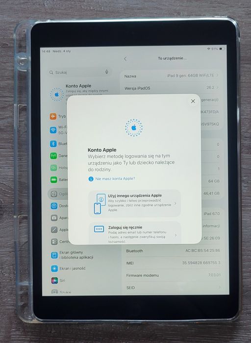 iPad 9 gen.WiFi/LTE 64GB, bat. 96%, IOS 26.2