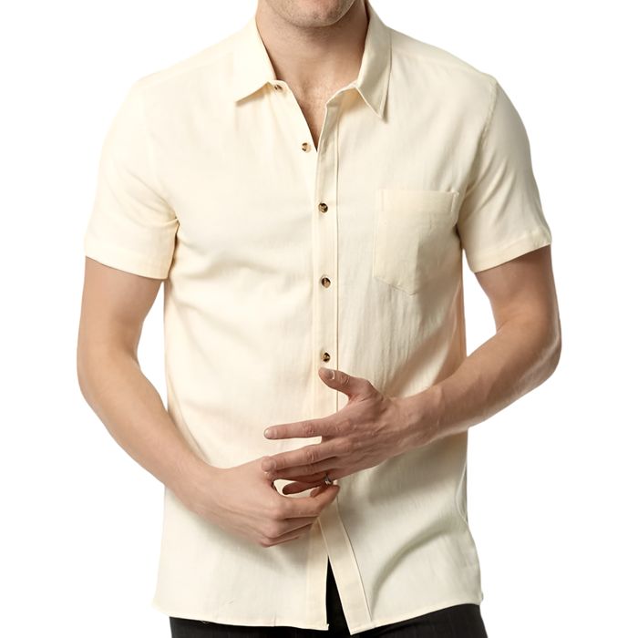 Koszula męska krótki rękaw slim fit, bawełna len, beżowa M