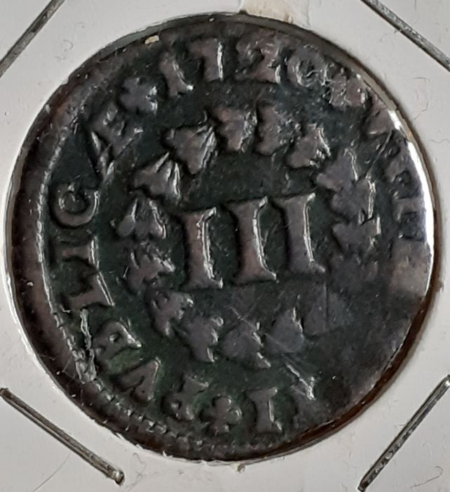 Moeda 3 Reis de 1720 em Cobre - Rei João V - Monarquia