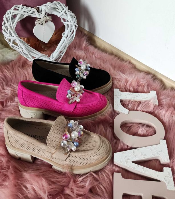 MOKASYNY półbuty DAMSKIE FUKSJA ozdoby Ażurowe 36 - 41