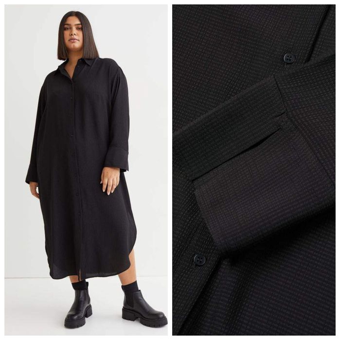 H&M S-L żakardowa luźna czarna sukienka owersizowa szmizjerka midi