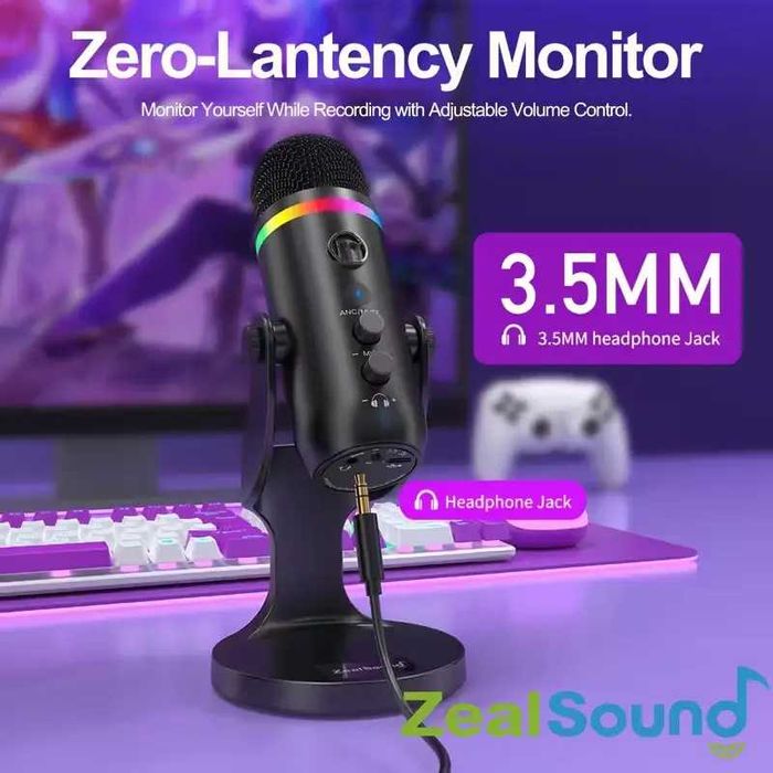 USB мікрофон ZealSound K66 PRO з RGB-підсвіткою для стрімінгу ( noise-canceling, touch control, gain & echo, чорний)