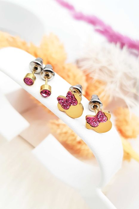 Podwójne kolczyki ze stali szlachetnej Myszka z różowymi cyrkoniami
