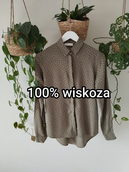 Wiosenna koszula w kropki, khaki, czarne groszki, kryta listwa, 100% w