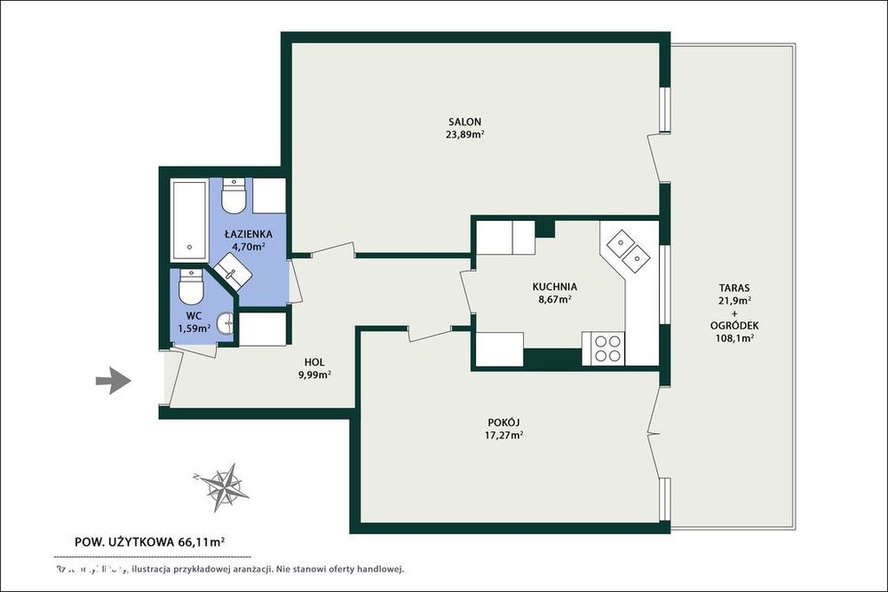 2-pokojowe mieszkanie z tarasem i 109 m² ogródkiem