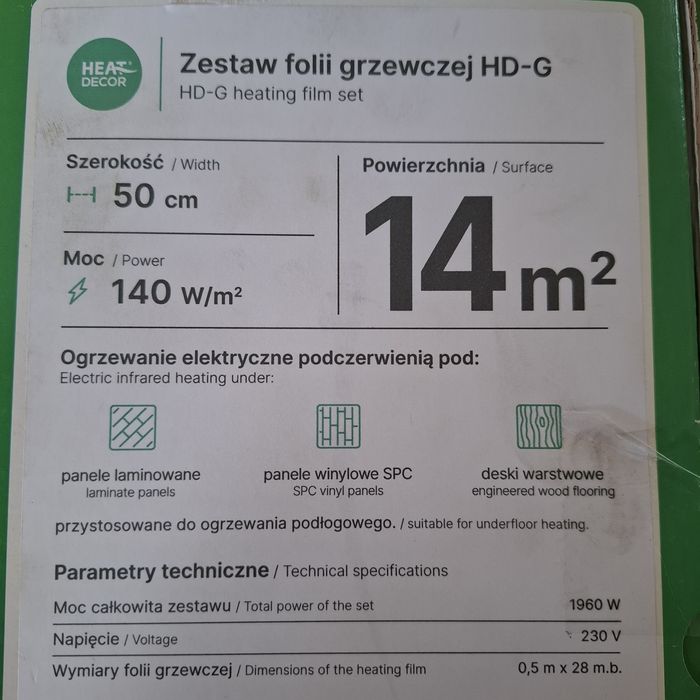Zestaw foli grzewczych ogrzewania podłogowego podłogowego panele 14 m2