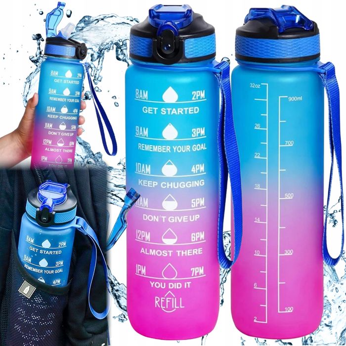 Butelka Motywacyjna Na Wodę Bidon Z Miarką 1000ML Bieganie Siłownia 1l
