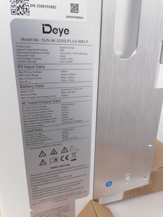 Інвертор гібридний 6kW Deye SUN-6K-SG05LP1-EU-AM2-P, однофазний 6кВт