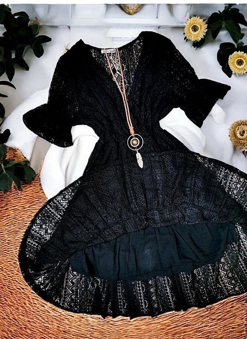 Czarna Sukienka Kopertowa Koronkowa Ażurowa Boho Hippie Gothic Premium