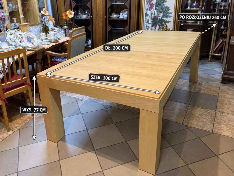 DUŻY STÓŁ ROZKŁADANY BUKOWY 200–260 CM masywny ciężki stół do jadalni salonu DOWÓZ DO DOMU