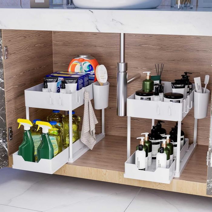 2x Organizer Kuchenny pod zlew, Łazienkowy 2-poziomowy Wysuwany BIAŁY