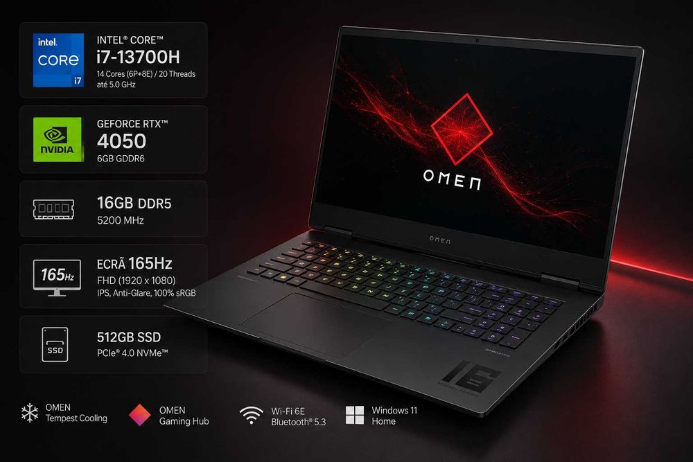 Portátil gaming Omen by HP modelo 16-wd0xxx em bom estado. Ideal para gaming e trabalho. Disponível por €1200: -i7 13700H -16GB RAM -RTX 4050