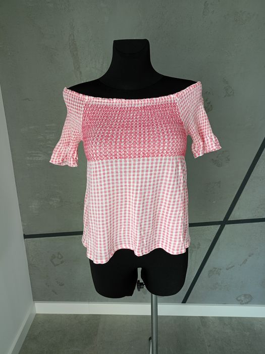 Różowy top w kratkę Hiszpanka xs