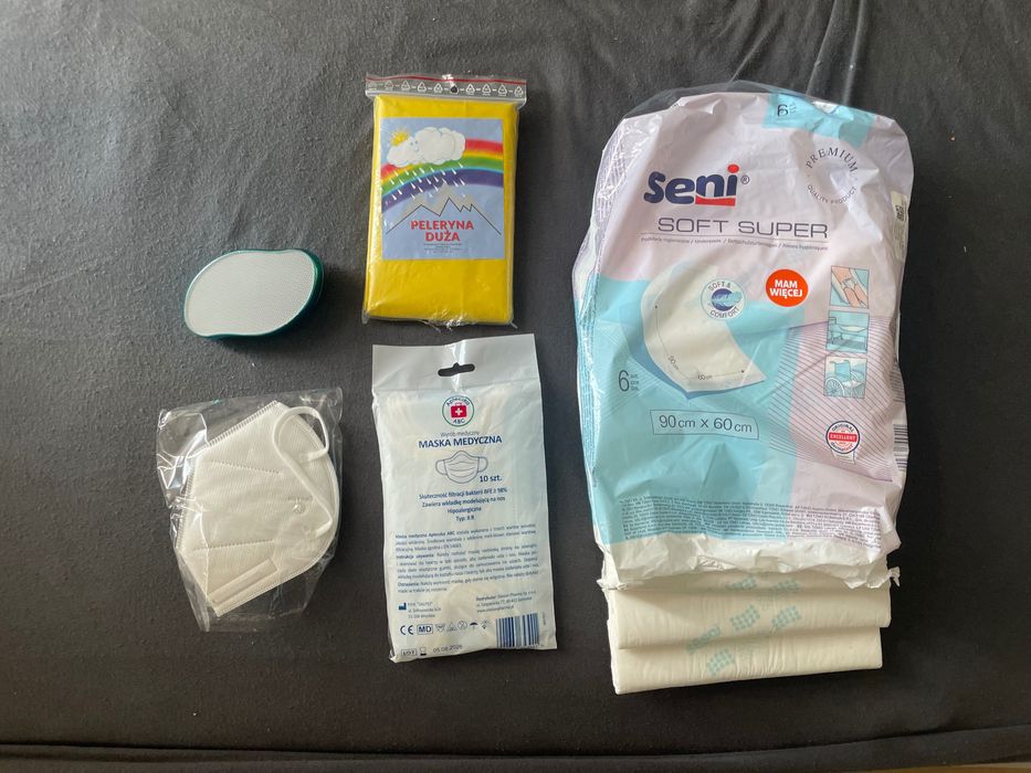 Zestaw higieniczny: maski medyczne + podkłady Seni + akcesoria (nowe)