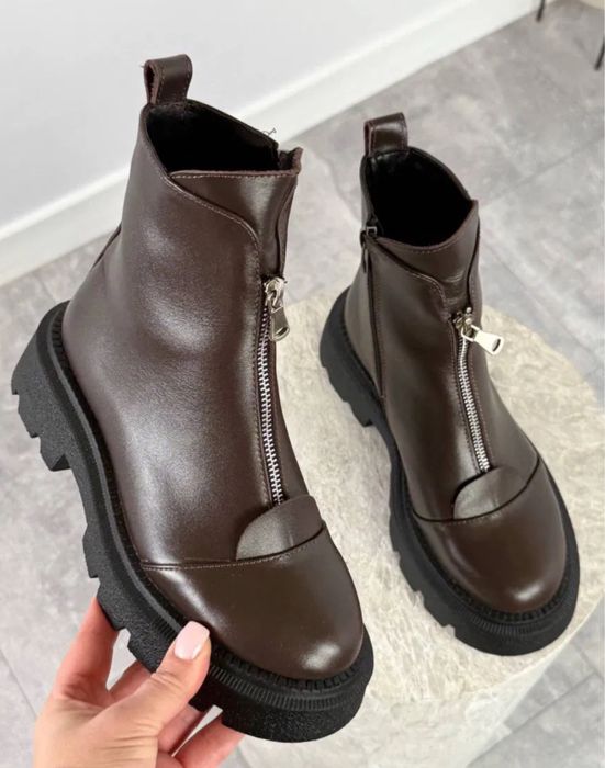 Зимові шкіряні черевики шоколад і чорні